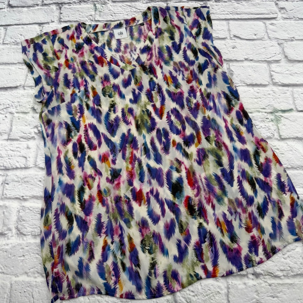 Cabi Womens Plume Feather Print V-Neck Blouse White Purple Cap Sleeve Small